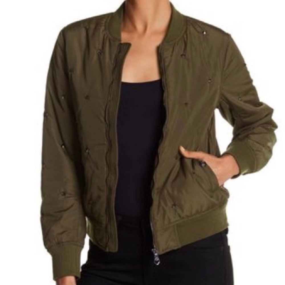 Nanette Lepore Studded Twill Olive Bomber Jacket - Picture 1 of 9